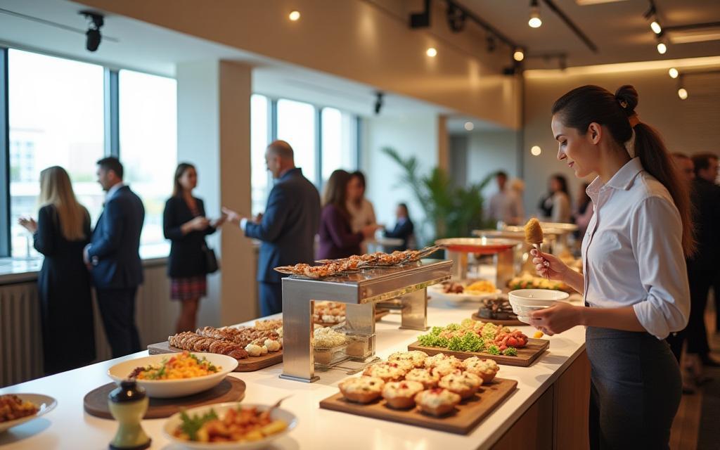 Corporate event featuring stylish catering with coffee service in a modern setting