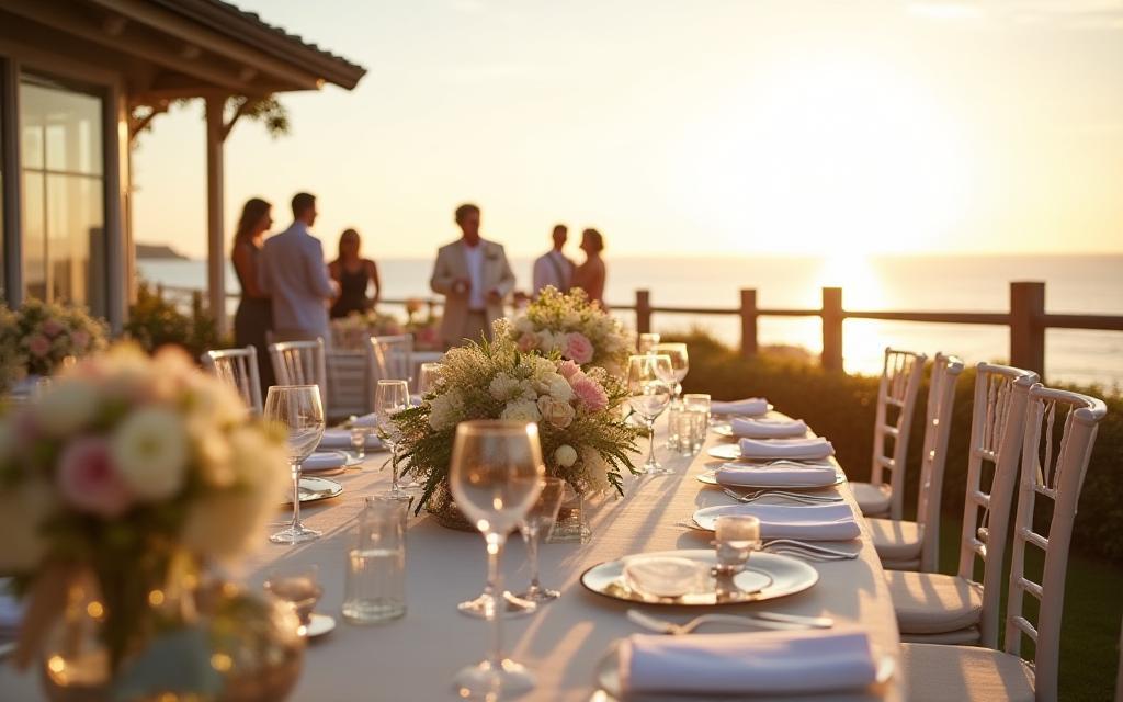 Wedding reception catered by Southern Shores Café with elegant table setup and coastal view