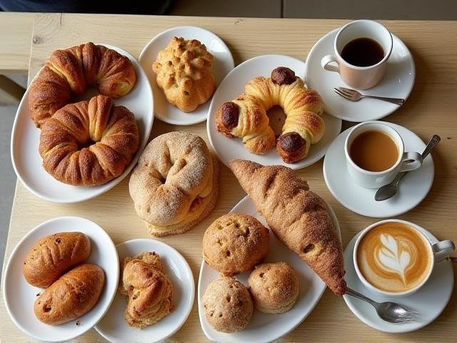 Catered brunch spread featuring artisan pastries and specialty coffee