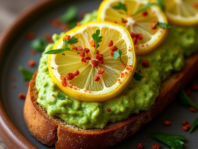 Avocado smash with lemon and chilli flakes on toasted sourdough bread