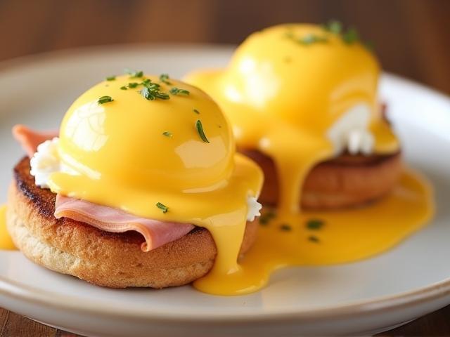 Eggs Benedict with hollandaise and ham on toasted muffin