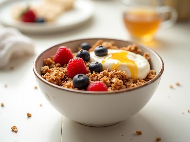 Granola bowl topped with fresh berries and honey drizzle
