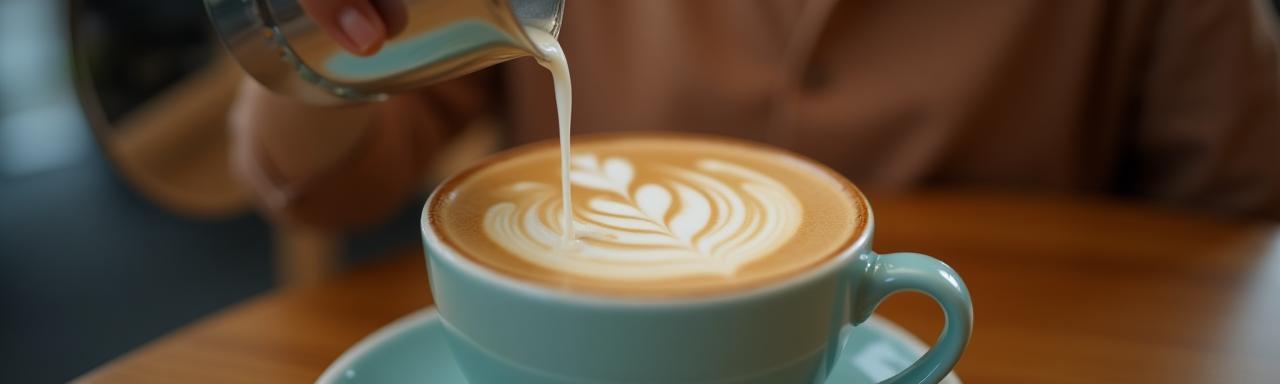 Close-up of a barista pouring latte art into a ceramic cup, soft creamy texture