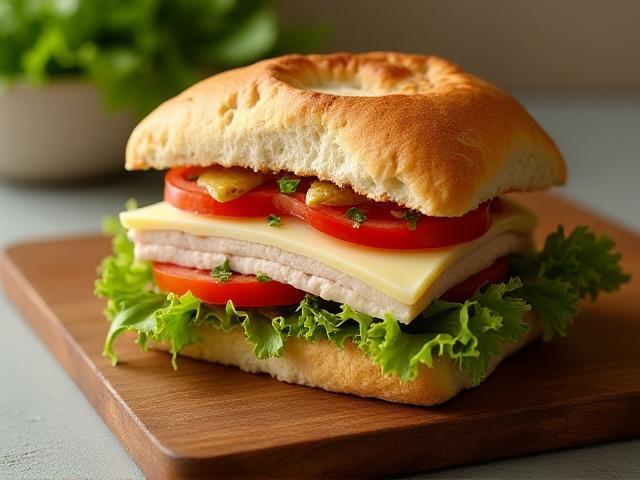 Gourmet turkey sandwich with fresh lettuce and tomato
