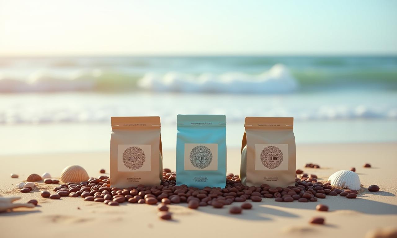 Packaged Southern Shores Café coffee beans arranged artfully on a sandy beach with gentle ocean waves in the background, under soft natural light