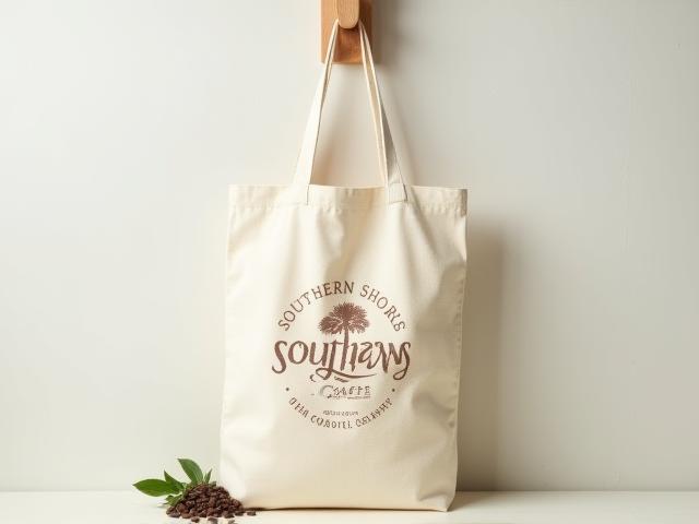 Natural canvas tote bag featuring Southern Shores Café branding and coastal design