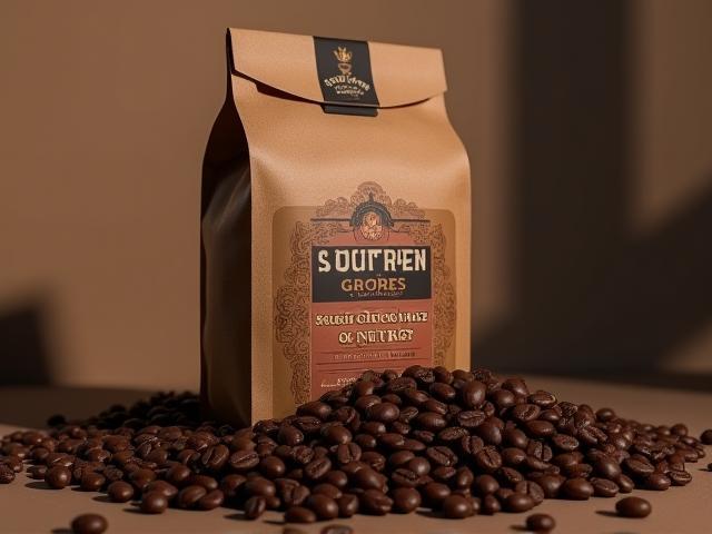 Bag of Southern Dark Roast coffee beans with rich chocolate and nutty tasting notes